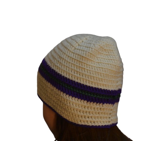 Beanie Crochet White Purple Stripes Tied knit approx. S - Picture 4 of 5